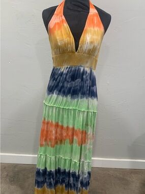 S-Twelve Halter Tie-Dye Maxi Dress in Orange, Navy & Lime